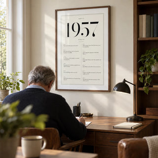 1957 Birthday Print, framed on the wall of a quiet home study in a British semi-detached house