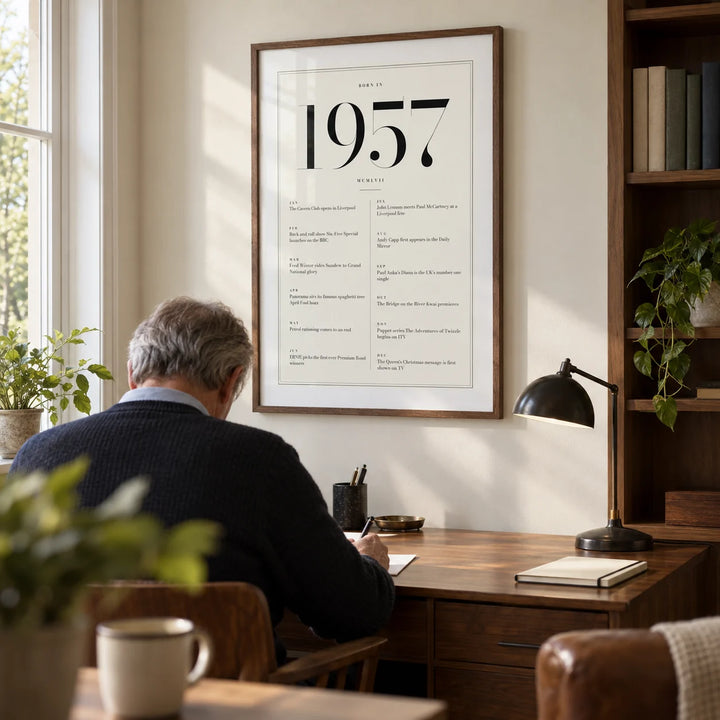 1957 Birthday Print, framed on the wall of a quiet home study in a British semi-detached house