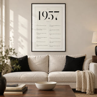 1957 Birthday Print, framed on the wall of a refined modern living room in a UK townhouse belonging to a couple in their late sixties