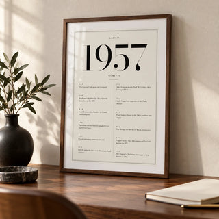 1957 Birthday Print, a small A4 framed print leaning on a walnut desk