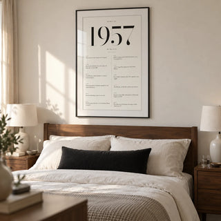 1957 Birthday Print, framed on the wall of a tailored main bedroom for a couple in their late sixties in a UK home