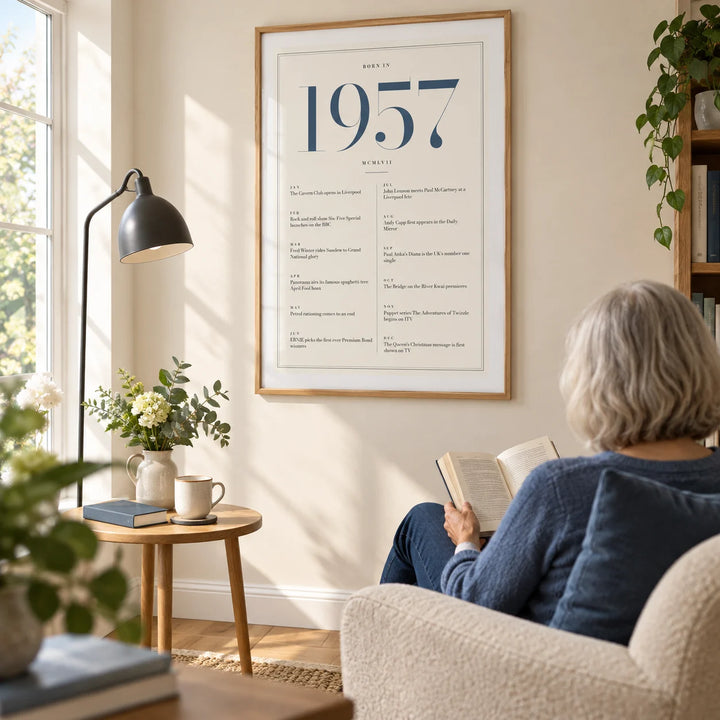 1957 Blue Birthday Print, framed on the wall of a bright reading corner in a retired adult's UK home with a pale cream wall and an oak floor in a living room