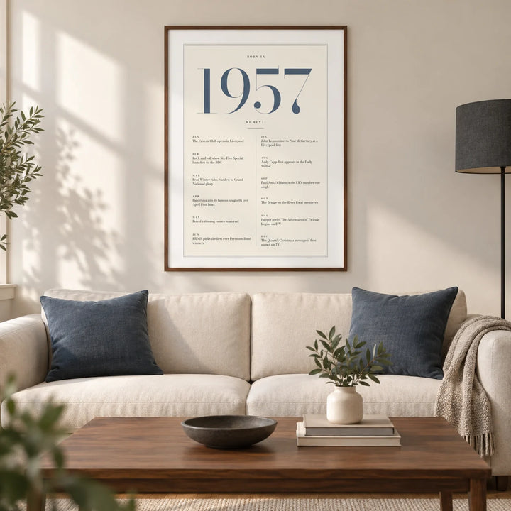 1957 Blue Birthday Print, framed on the wall of a design-led living room in a mature couple's UK townhouse with a warm white wall and oak floor