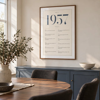 1957 Blue Birthday Print, framed on the wall of a modern dining room in a UK family home with a warm white wall and a slate blue painted sideboard