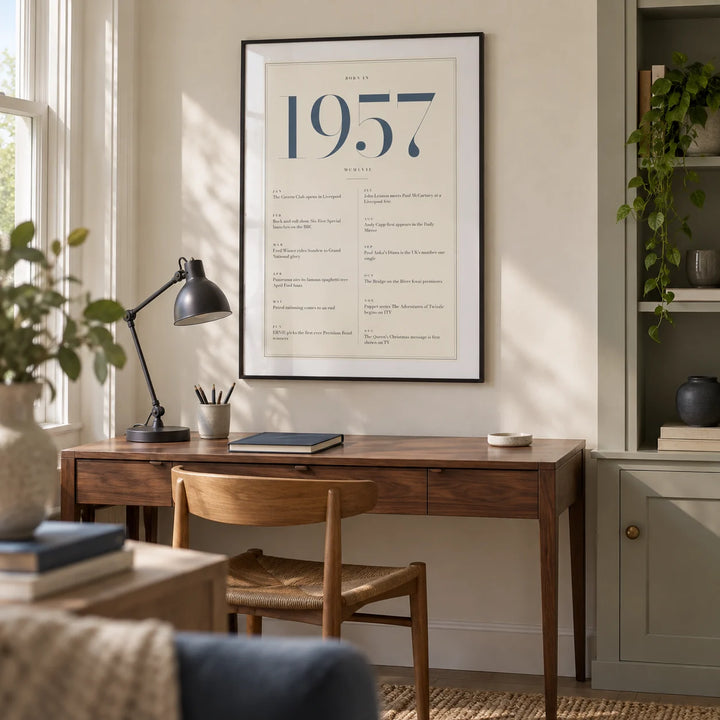 1957 Blue Birthday Print, framed on the wall of a quiet home study in a renovated British semi with a pale cream wall