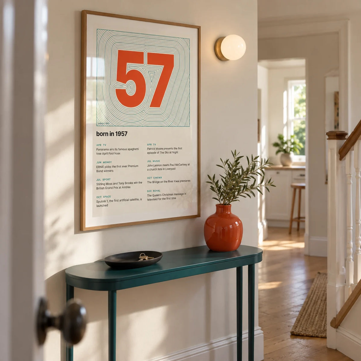 1957 Contour Map Print, framed on the wall of a bright hallway in a renovated UK terrace with cream walls and an oak floor