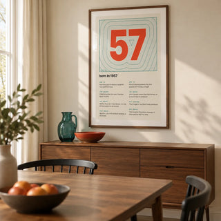 1957 Contour Map Print, framed on the wall of a compact modern dining room in a British townhouse with a warm cream wall and a walnut dining table with simple black chairs