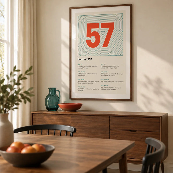1957 Contour Map Print, framed on the wall of a compact modern dining room in a British townhouse with a warm cream wall and a walnut dining table with simple black chairs