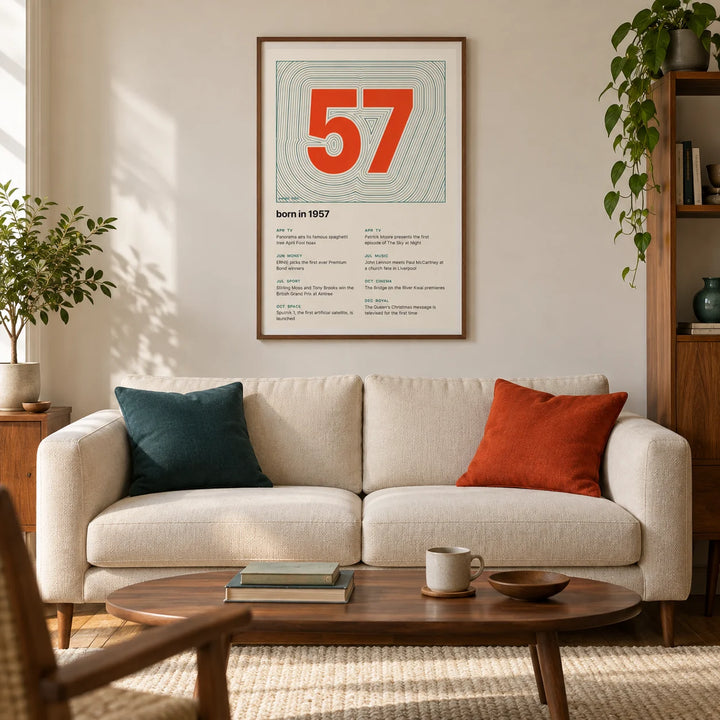 1957 Contour Map Print, framed on the wall of a modern living room in a British semi-detached home with warm white walls