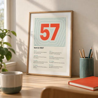1957 Contour Map Print, a small A4 framed print leaning on a pale oak desk