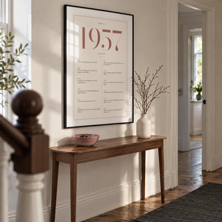 1957 Pink Birthday Print, framed on the wall of a bright hallway in a renovated British terrace with warm white walls and original timber floorboards