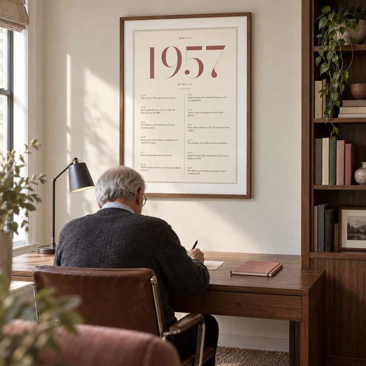 1957 Pink Birthday Print, framed on the wall of a quiet modern study for an adult around 69 with an ivory wall and fitted walnut shelving off to one side