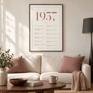 1957 Pink Birthday Print, framed on the wall of a refined modern living room in a settled UK home with an ivory wall and warm oak floor