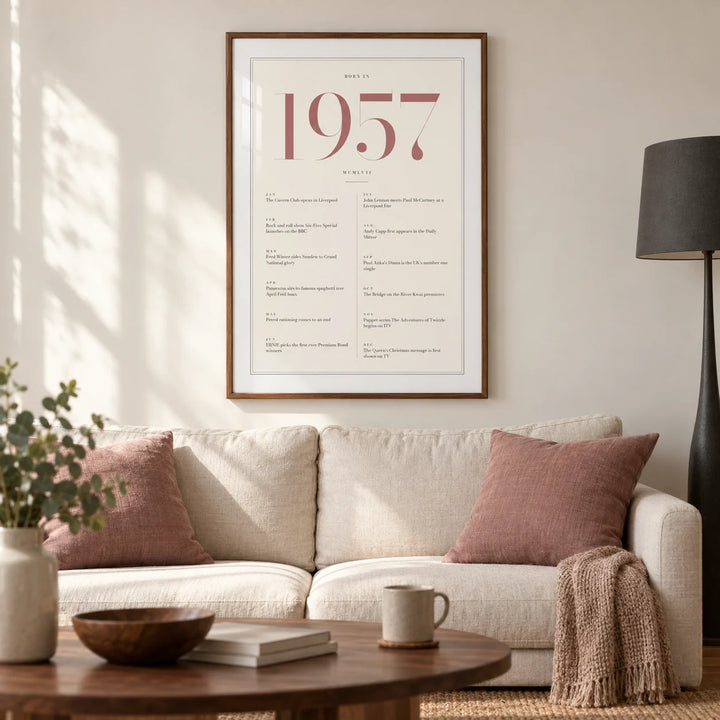1957 Pink Birthday Print, framed on the wall of a refined modern living room in a settled UK home with an ivory wall and warm oak floor