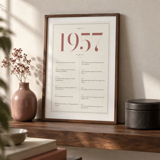 1957 Pink Birthday Print, a small A4 framed print leaning on a walnut shelf in a living room