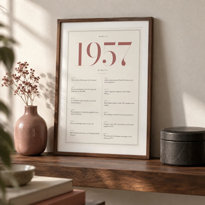 1957 Pink Birthday Print, a small A4 framed print leaning on a walnut shelf in a living room