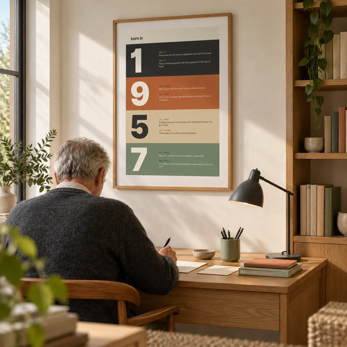 1957 Typography Print, framed on the wall of a bright home study for an older design enthusiast with a warm white wall and built-in oak shelving