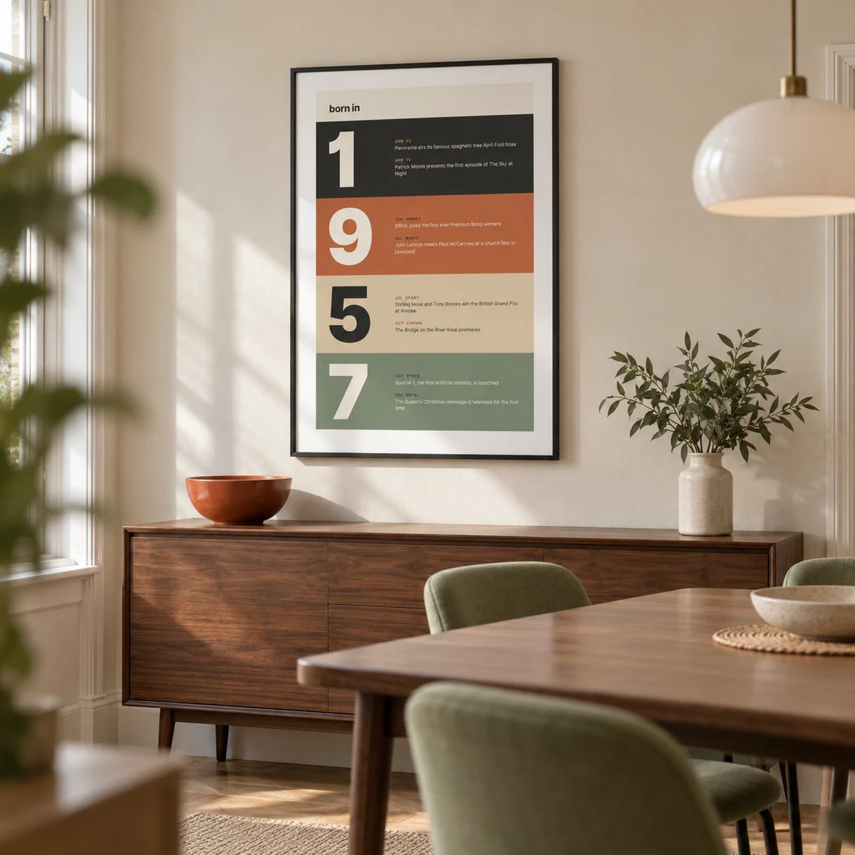 1957 Typography Print, framed on the wall of a crisp modern dining room in a renovated British terrace with a pale sand wall
