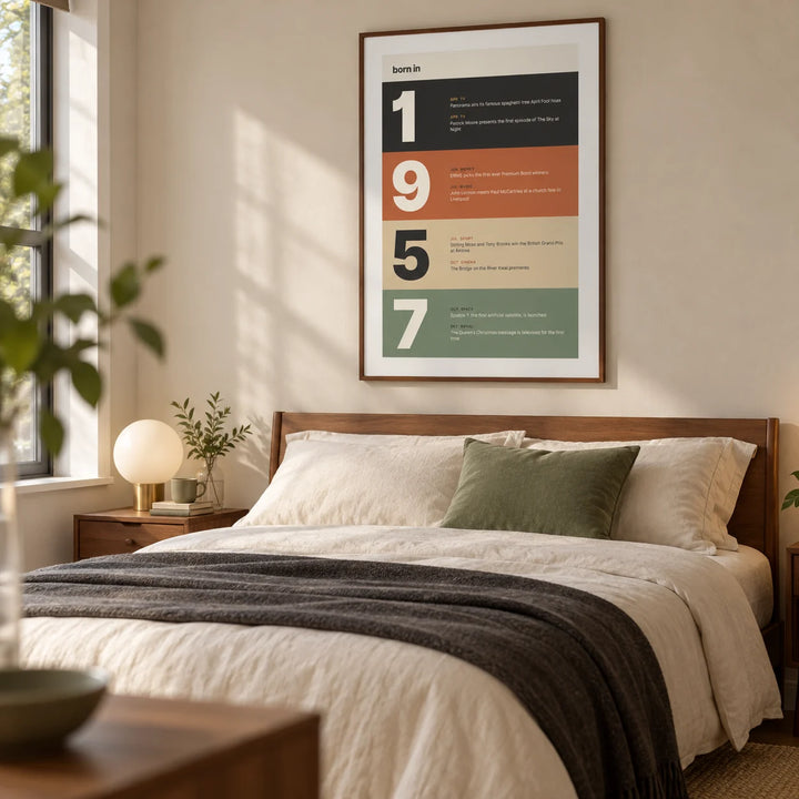 1957 Typography Print, framed on the wall of a modern bedroom in a British home with a pale sand wall