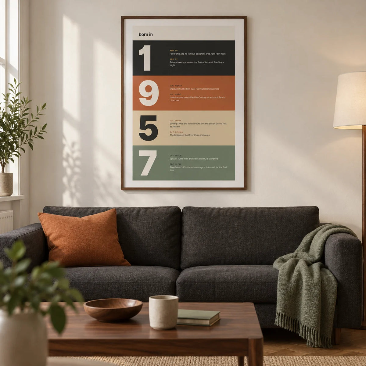 1957 Typography Print, framed on the wall of a modern living room in a British city flat with a warm white wall and walnut parquet