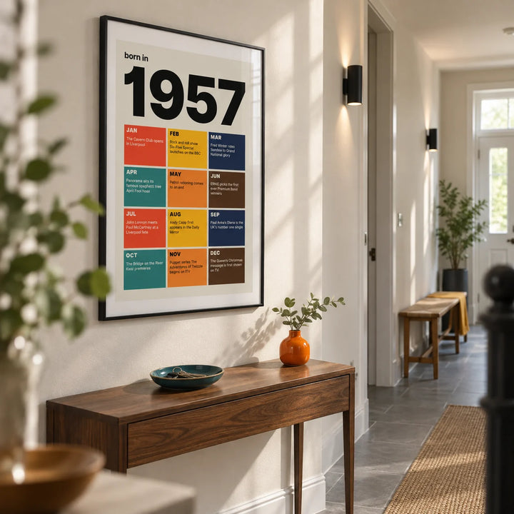 1957 Year in Review Print, framed on the wall of a bright hallway in a renovated UK terrace with a warm white wall and a simple grey stone floor