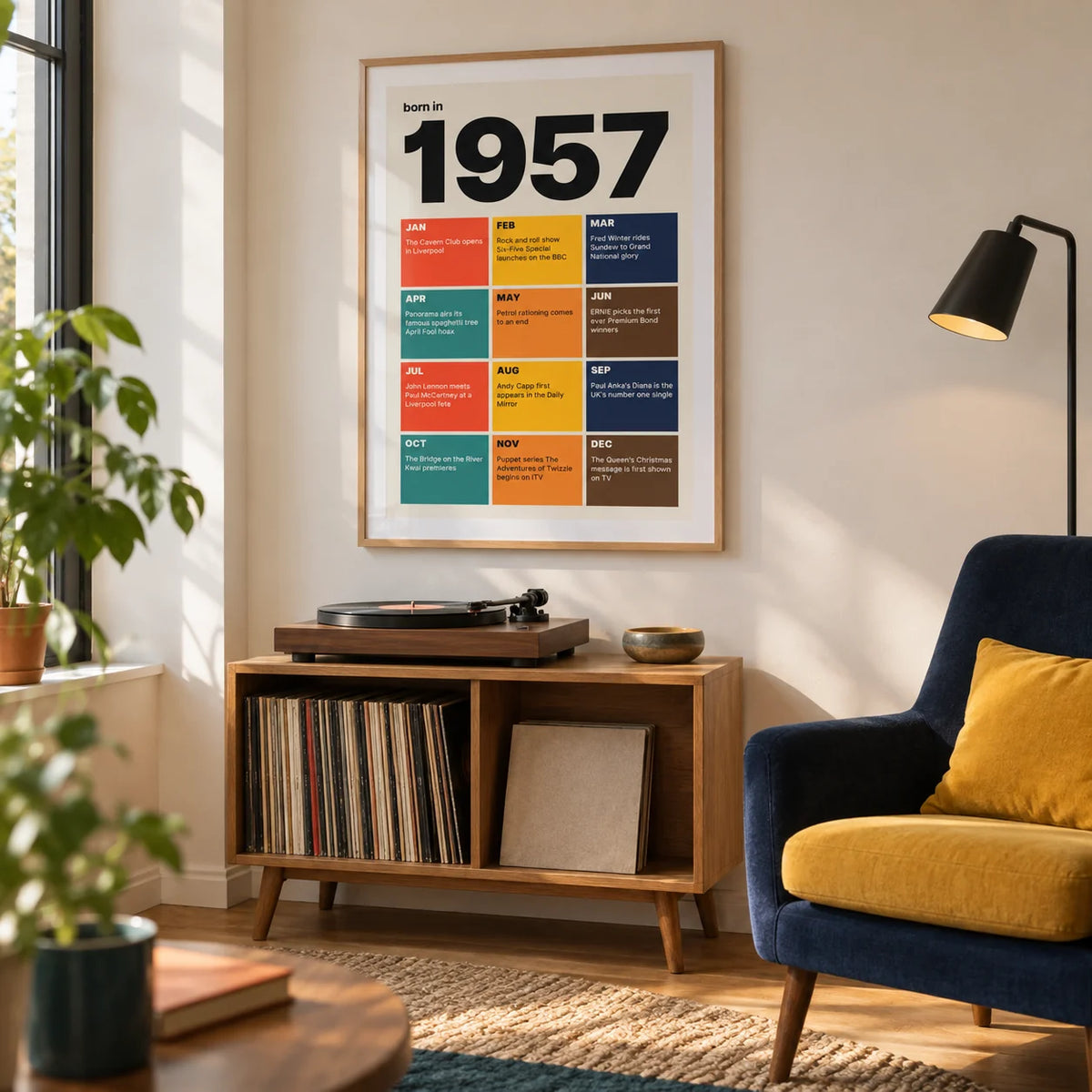 1957 Year in Review Print, framed on the wall of a dedicated music corner in a modern British flat with a pale cream wall and oak floor in a living room