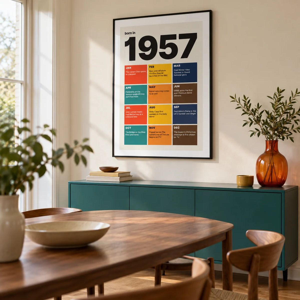 1957 Year in Review Print, framed on the wall of a design-led dining room in a British semi-detached home with pale cream walls and a plain oak floor