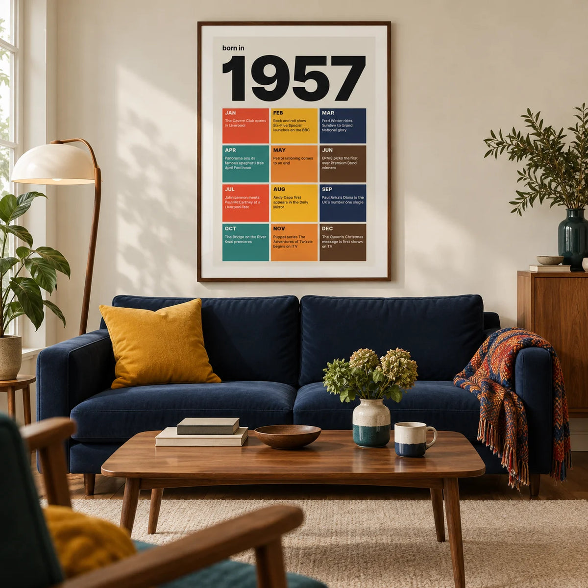 1957 Year in Review Print, framed on the wall of a modern living room in a mature couple's UK townhouse with a warm white wall and walnut floor