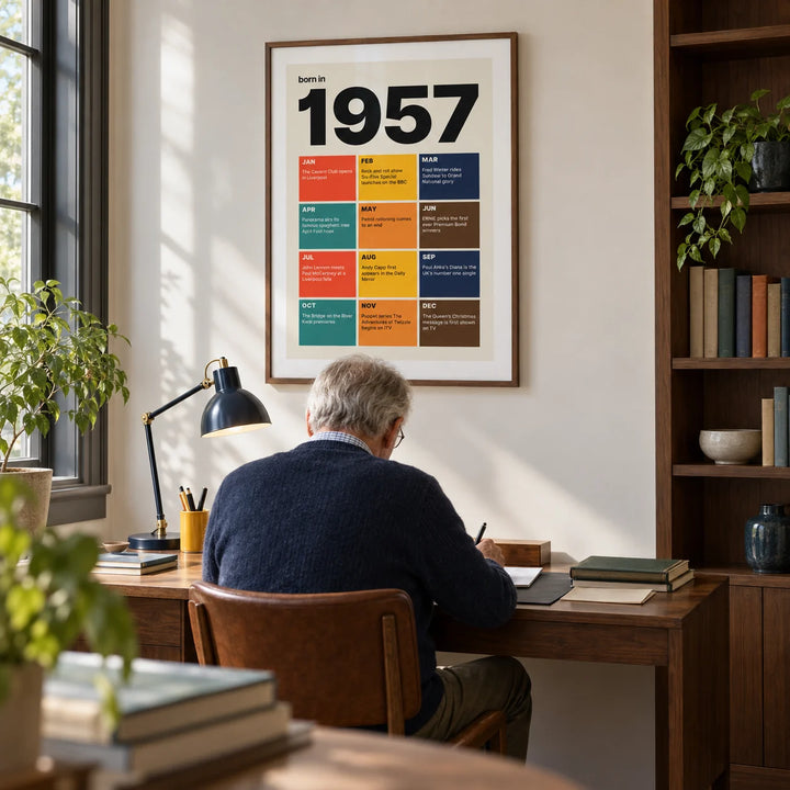1957 Year in Review Print, framed on the wall of a quiet modern home study with an off-white wall and built-in walnut shelving