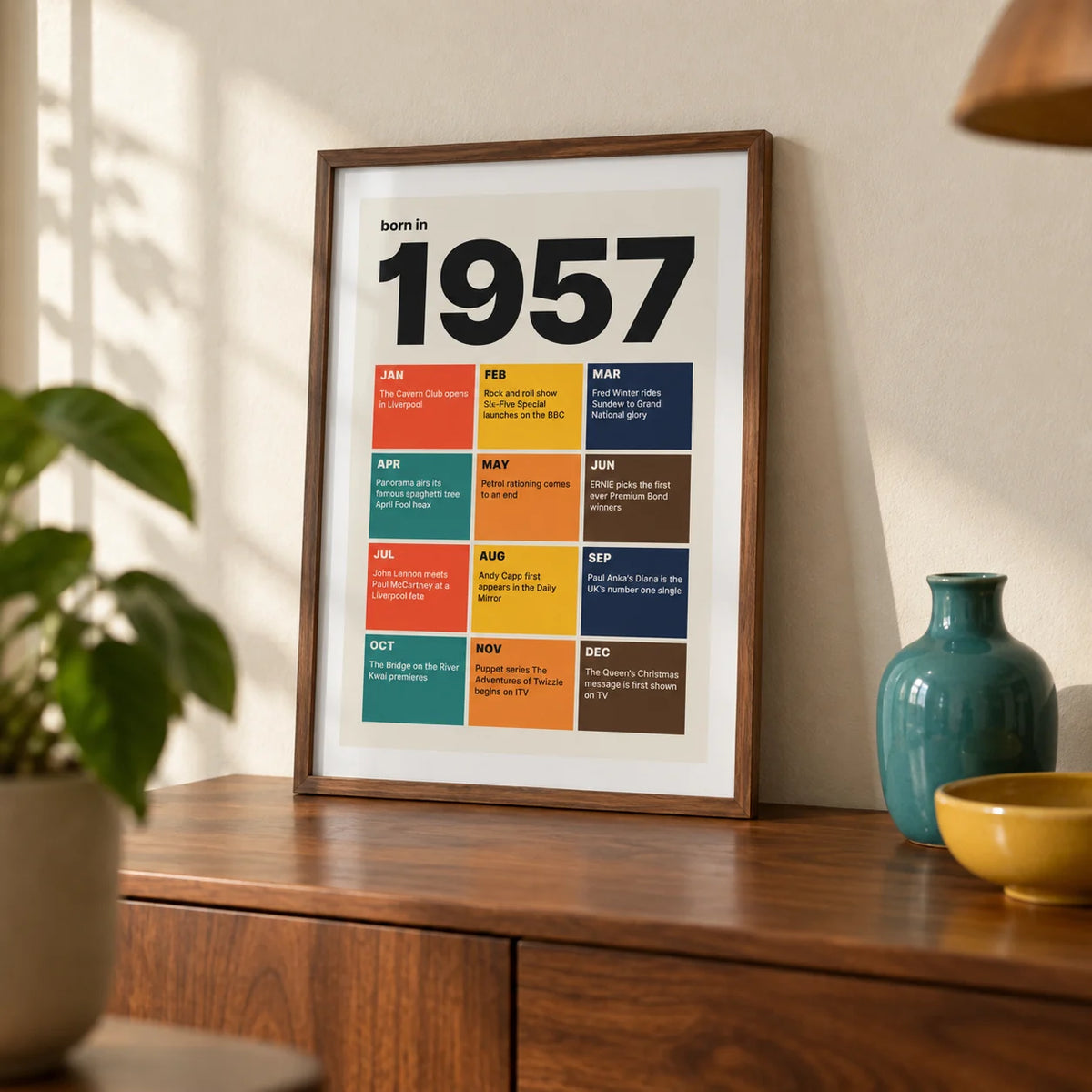 1957 Year in Review Print, a small A4 framed print leaning on a walnut sideboard in a living room
