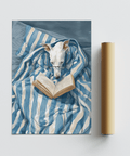 Dog Reading Print wall art for children's room in Beige and Blue