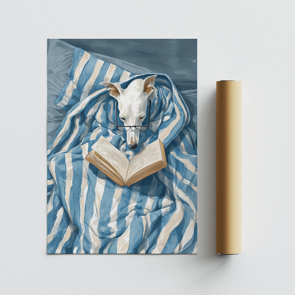 Dog Reading Print wall art for children's room in Beige and Blue