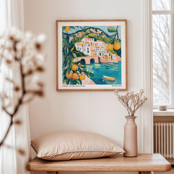 Orange trees and boats frame a coastal view in this Amalfi Coast Painting.