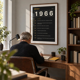 1966 Arrivals Board Print, framed on the wall of a compact home study in a design-conscious UK home with a pale grey wall and fitted walnut shelving