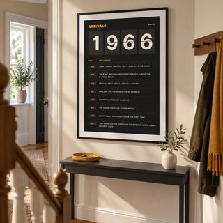 1966 Arrivals Board Print, framed on the wall of a crisp hallway in a renovated UK terrace with a cream wall and warm wood flooring
