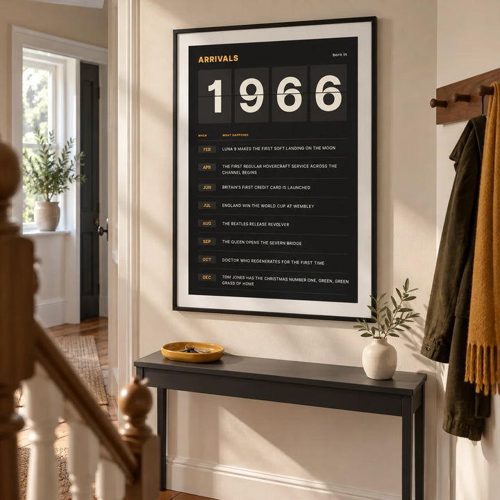 1966 Arrivals Board Print, framed on the wall of a crisp hallway in a renovated UK terrace with a cream wall and warm wood flooring