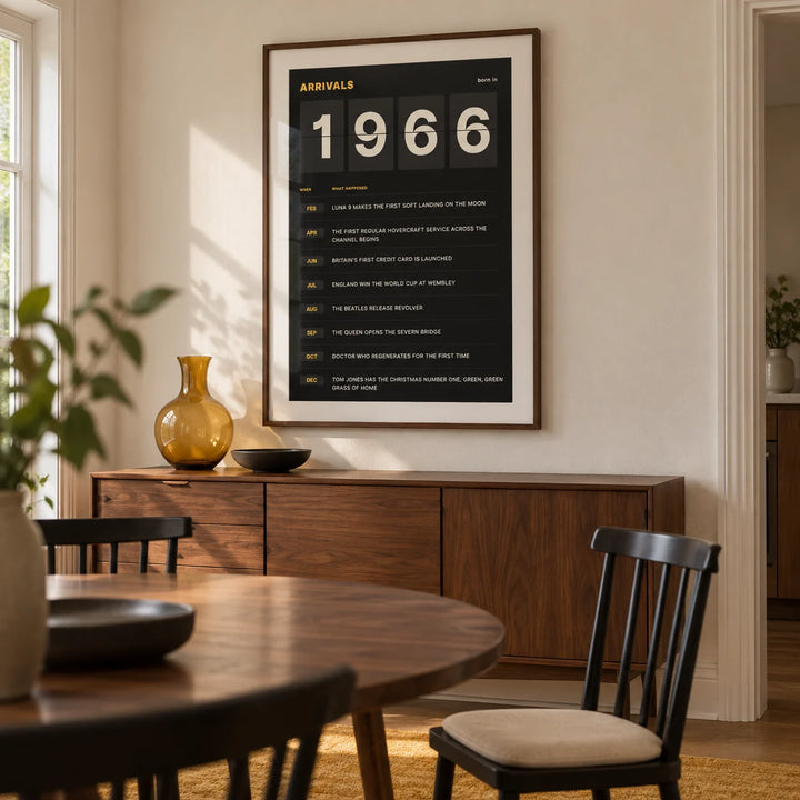 1966 Arrivals Board Print, framed on the wall of a modern dining room in a UK family home with a warm white wall and a restrained 1960s influence