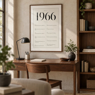 1966 Birthday Print, framed on the wall of a considered home study for an adult around 60