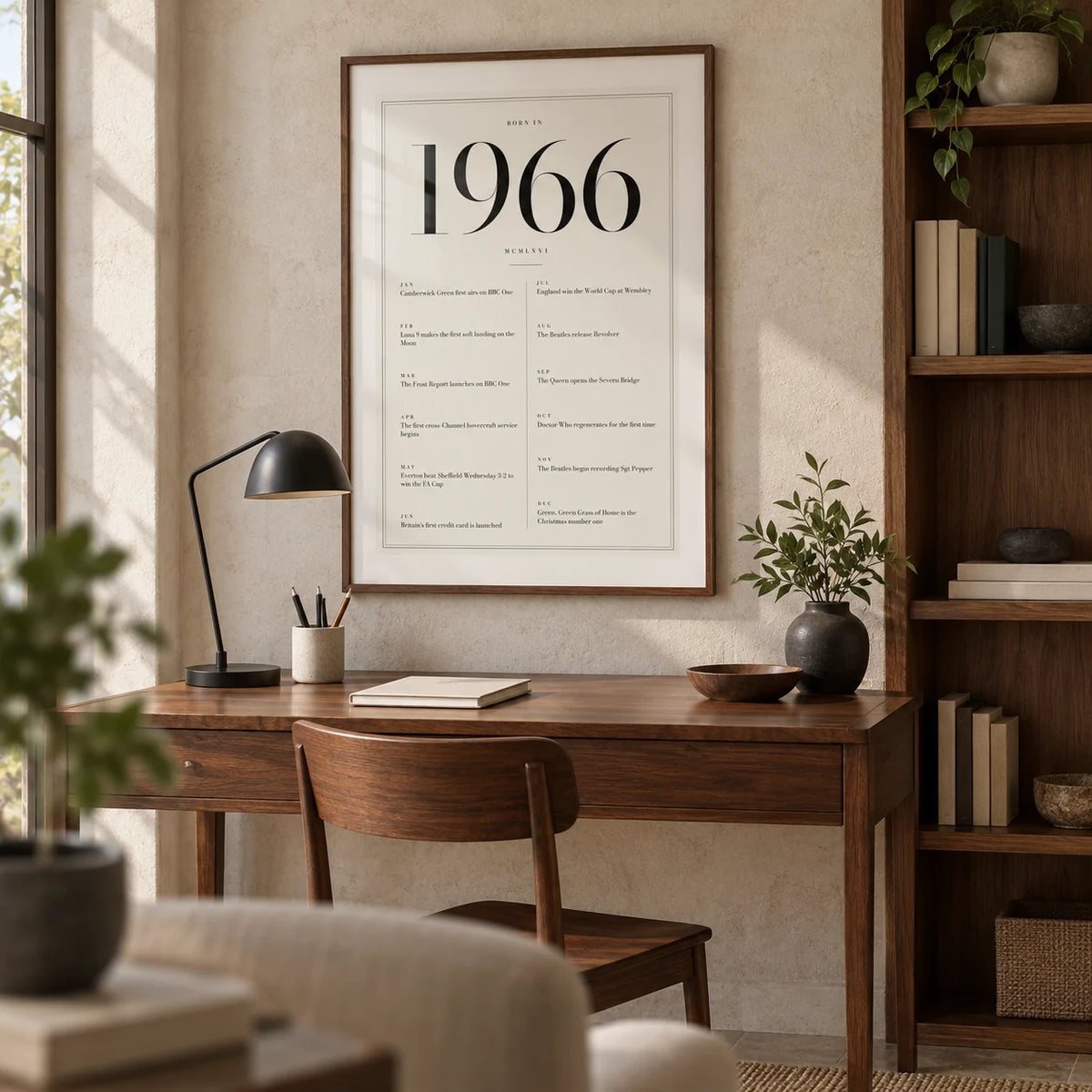 1966 Birthday Print, framed on the wall of a considered home study for an adult around 60