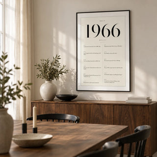 1966 Birthday Print, framed on the wall of a modern dining room in a renovated UK terrace with a soft white wall