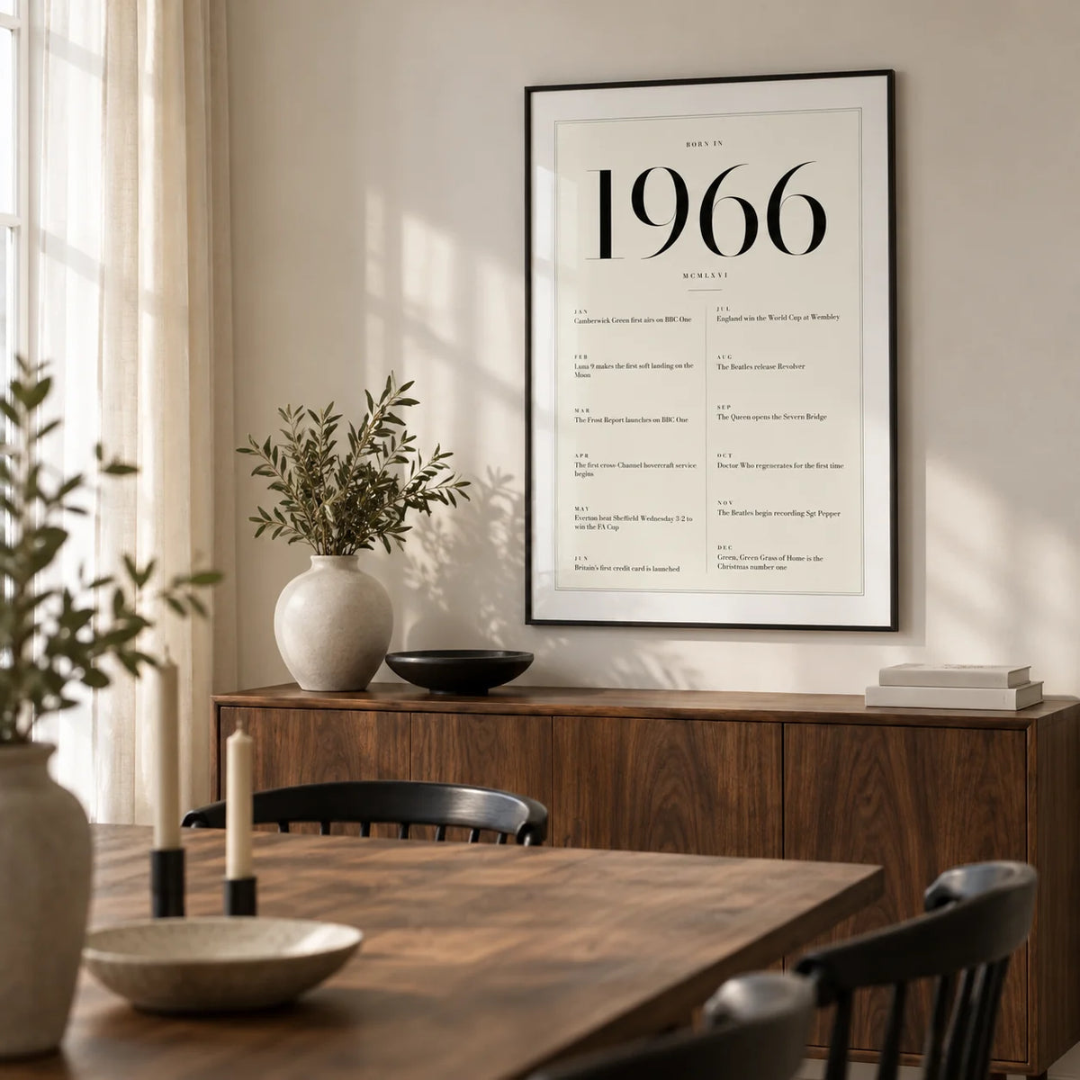 1966 Birthday Print, framed on the wall of a modern dining room in a renovated UK terrace with a soft white wall