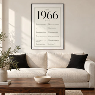1966 Birthday Print, framed on the wall of a refined modern living room in a UK semi-detached home with a warm white wall and walnut flooring