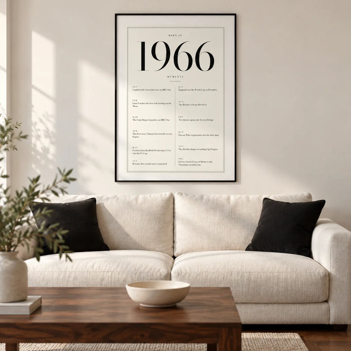 1966 Birthday Print, framed on the wall of a refined modern living room in a UK semi-detached home with a warm white wall and walnut flooring