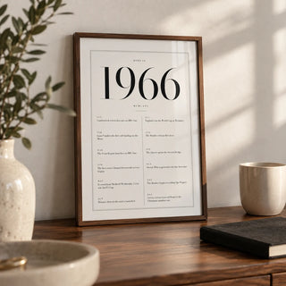 1966 Birthday Print, a small A4 framed print leaning on a walnut desk
