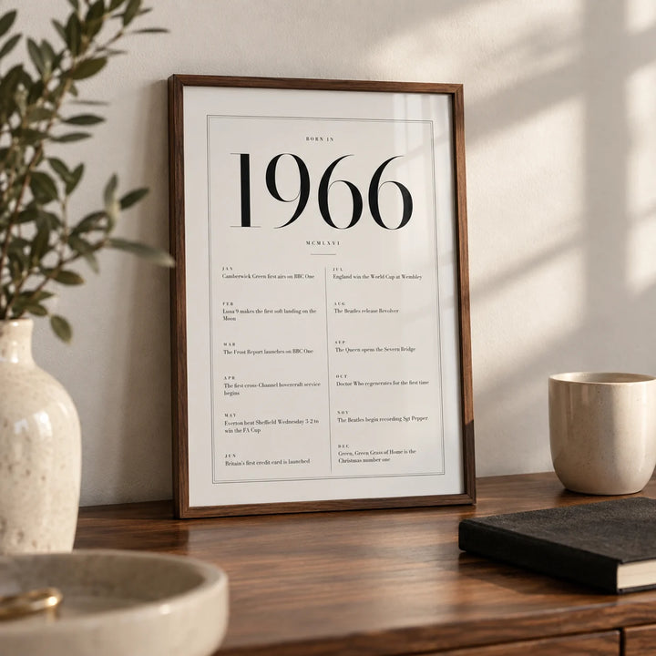 1966 Birthday Print, a small A4 framed print leaning on a walnut desk