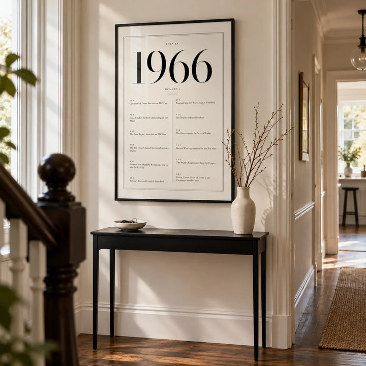 1966 Birthday Print, framed on the wall of a welcoming hallway in a Victorian UK terrace with crisp ivory walls