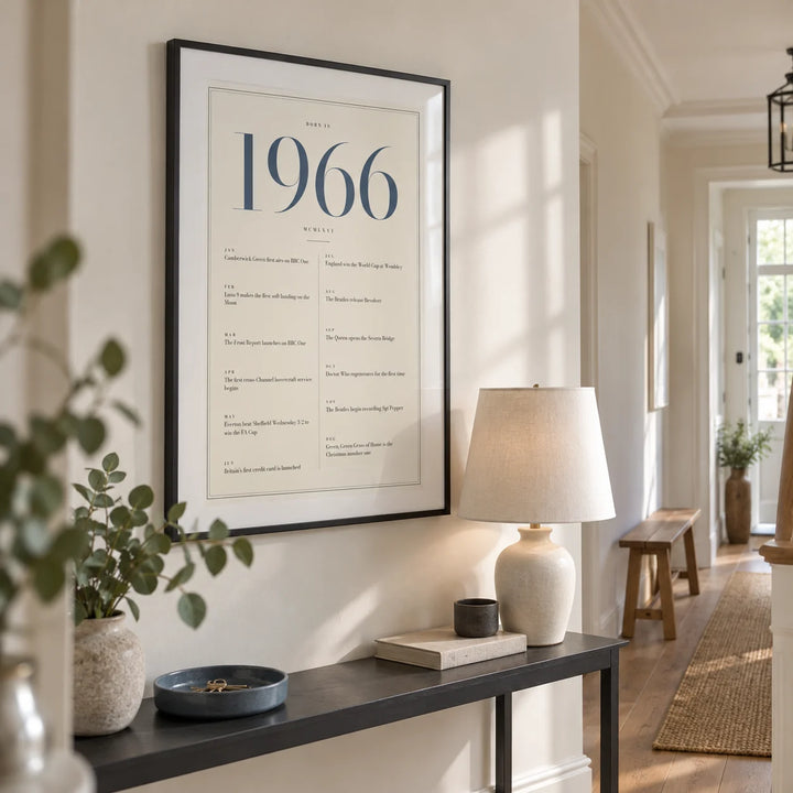 1966 Blue Birthday Print, framed on the wall of a bright entrance hallway in a renovated British townhouse with warm white walls and an oak floor