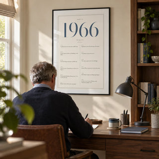 1966 Blue Birthday Print, framed on the wall of a calm home study for an adult around 60 with a cream wall and fitted walnut shelving