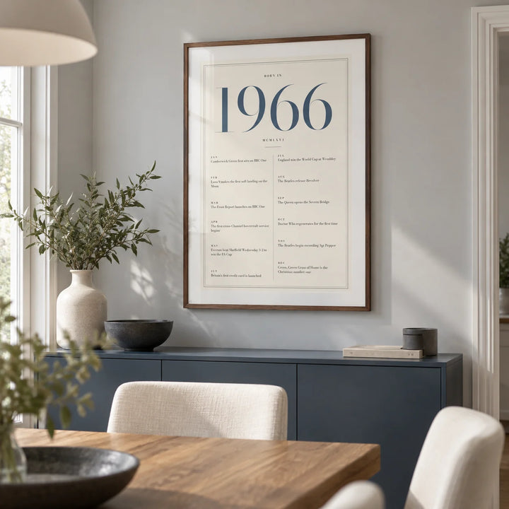 1966 Blue Birthday Print, framed on the wall of a contemporary dining room in a British terraced house with pale grey walls and an oak dining table
