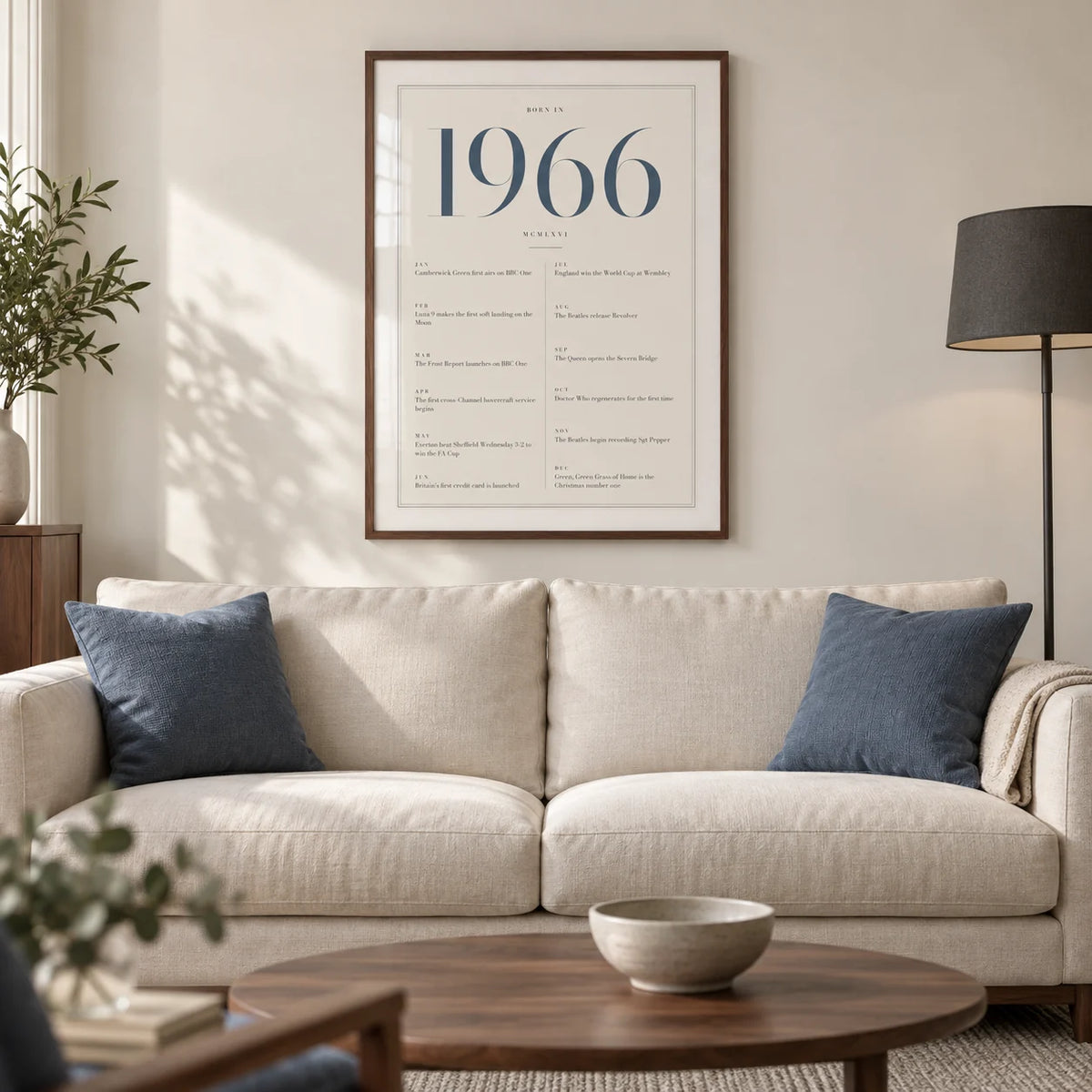 1966 Blue Birthday Print, framed on the wall of a modern living room in a British semi-detached home with warm white walls